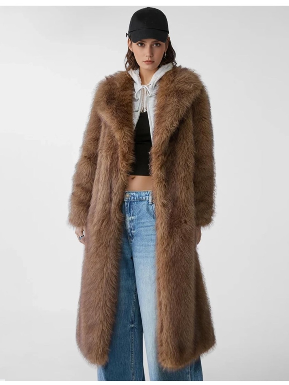 Long Faux Fur Brown Coat